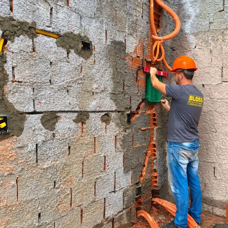 Profissional da Bloss Eletricidade executando infraestrutura elétrica em uma parede de obra.