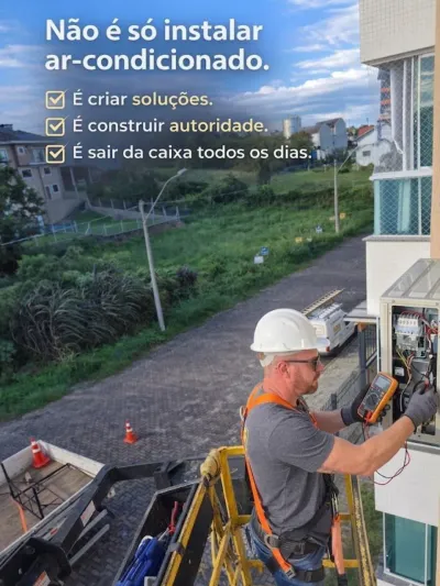 Técnico realizando serviço em equipamento externo de climatização.